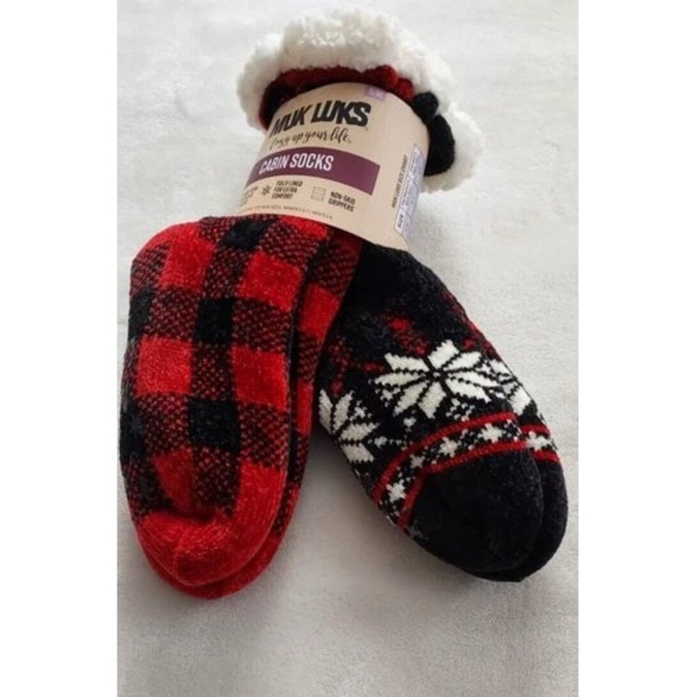 Muk Luks 2 Pair Cozy Cabin Socks Unisex Size S/M Recycled Material Non-Skid Grip